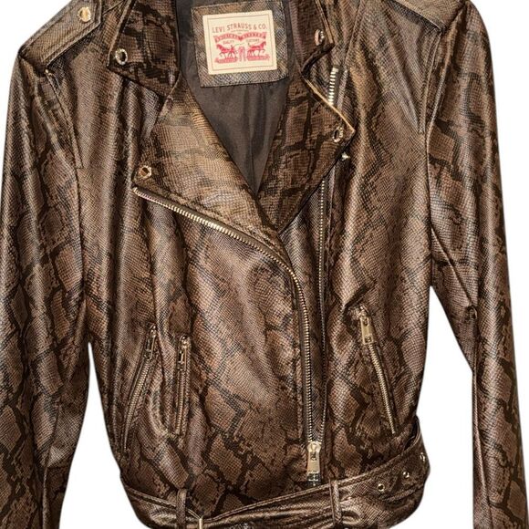 LEVI STRAUSS & CO FAUX LEATHER SNAKE PRINT MOTO BELTED JACKET BROWN/BLK NWOT - Picture 2 of 5